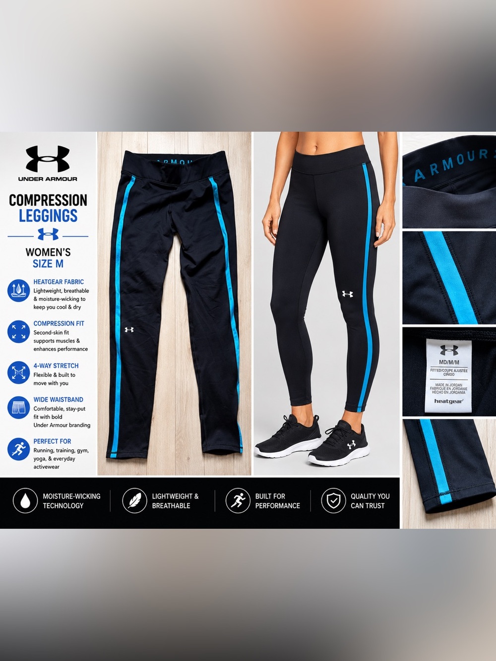 Under Armour HeatGear Compression Leggings Women’s Medium Black Blue